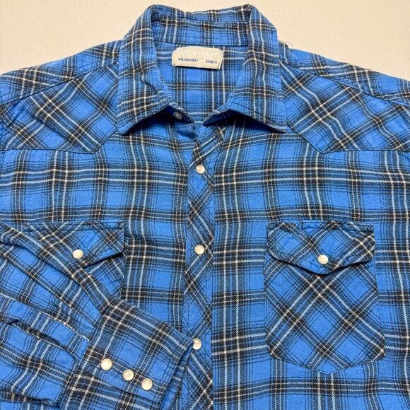 Wrangler Shirt Mens Large Blue Plaid Flannel Wrancher Western Pearl Snap Cowboy - Picture 12 of 13